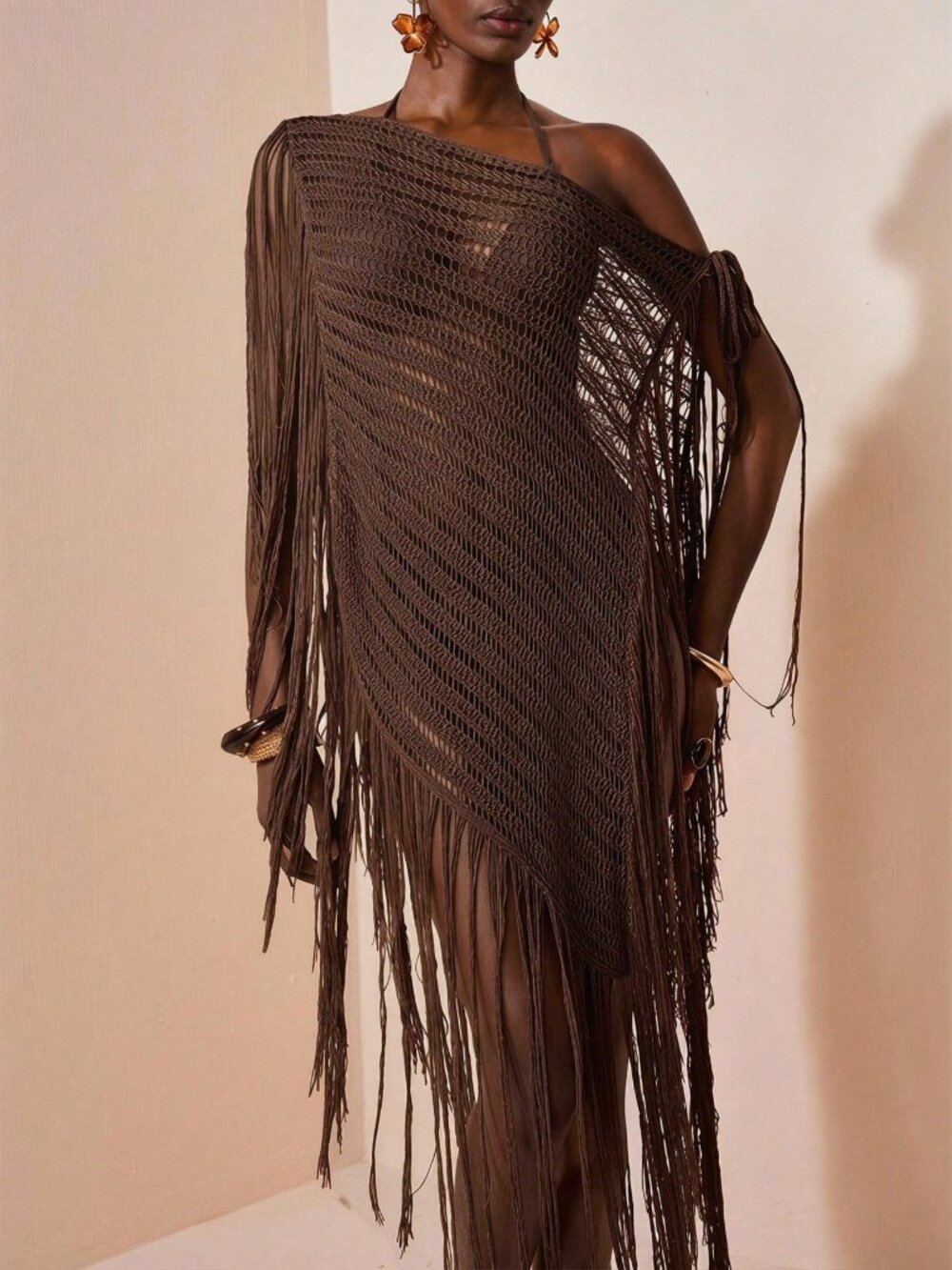 Rust Brown Elegant Women's Knit Off-Shoulder Tassel Cover-Up - Picture 9 of 11